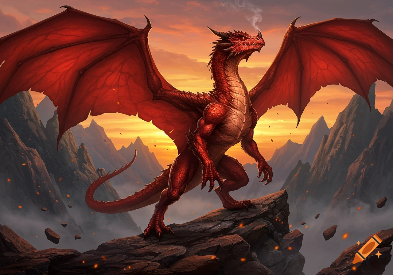 A majestic red dragon with bat-like wings stands on a jagged mountain peak against a vibrant orange sunset, smoke curling from its nostrils.