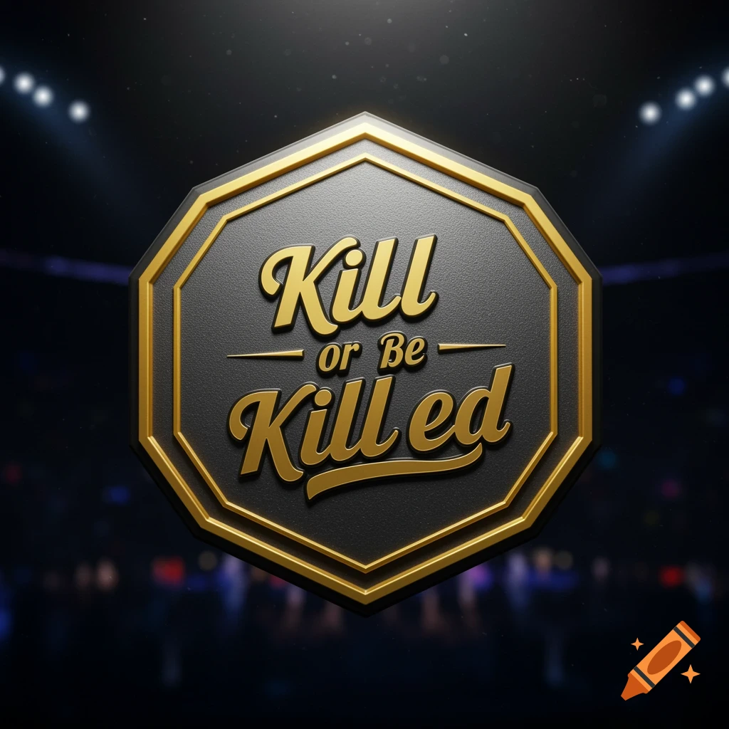 An octagonal gold and black MMA badge with the text 'Kill or Be Killed' in a stylized font, against a dark arena background.