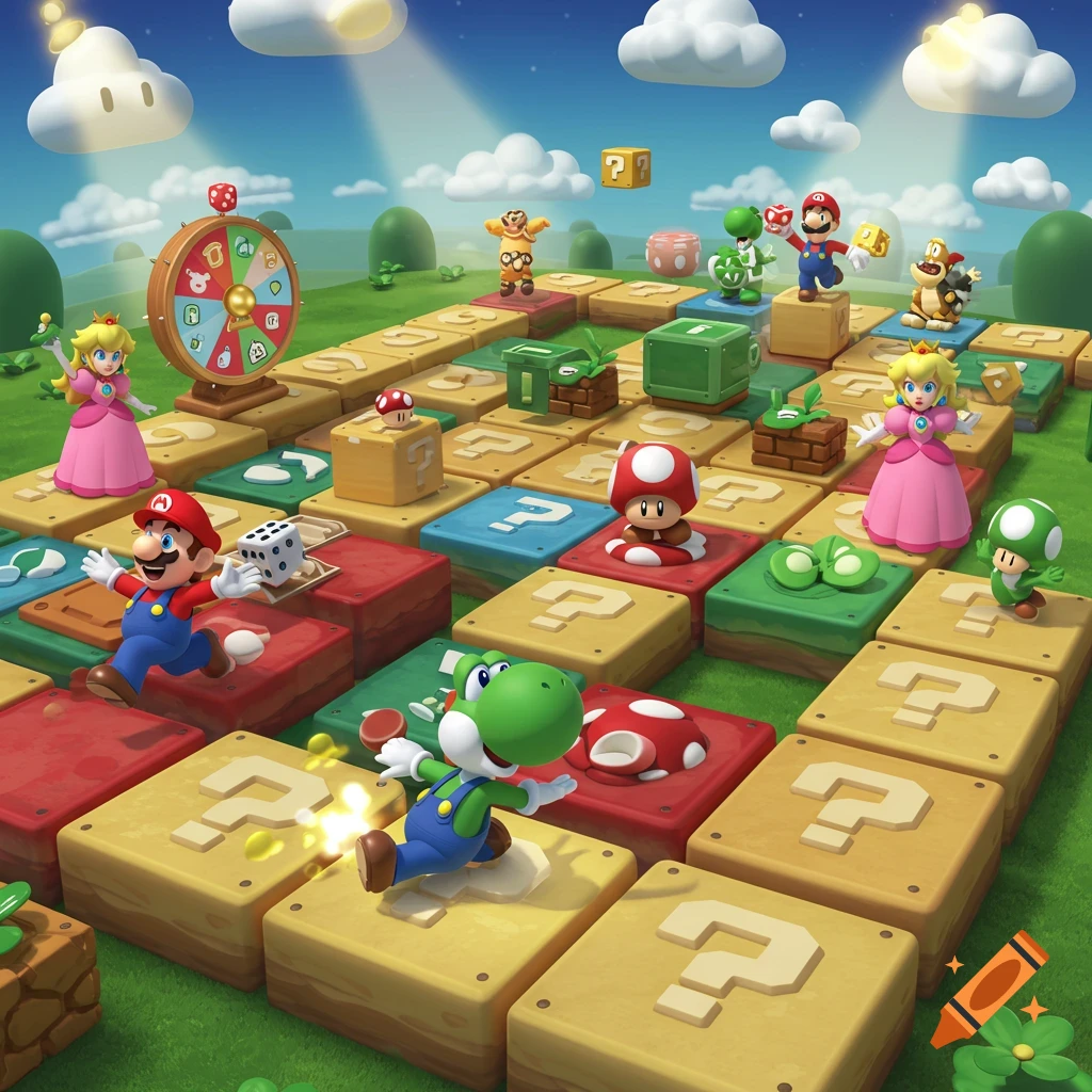 A vibrant Super Mario Party board game scene with Mario, Peach, Yoshi, and other characters on colorful blocks under a sunny sky.