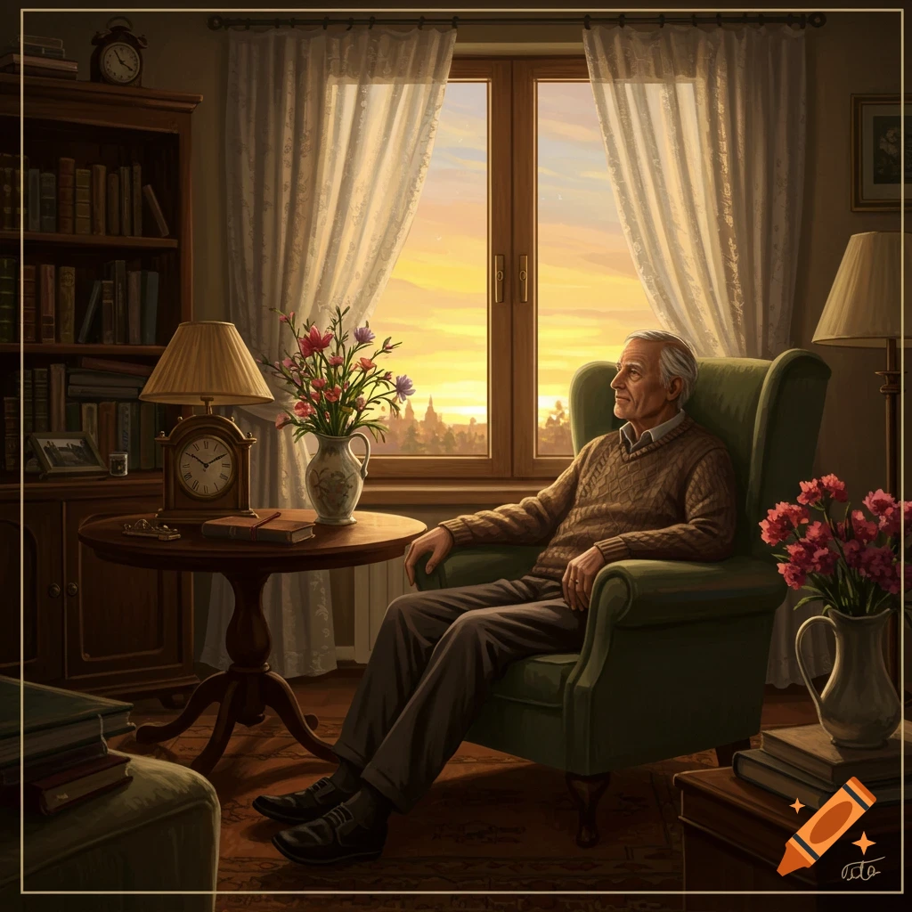 An old man with white hair sits in a green armchair by a window, looking out at a sunset over a town.
