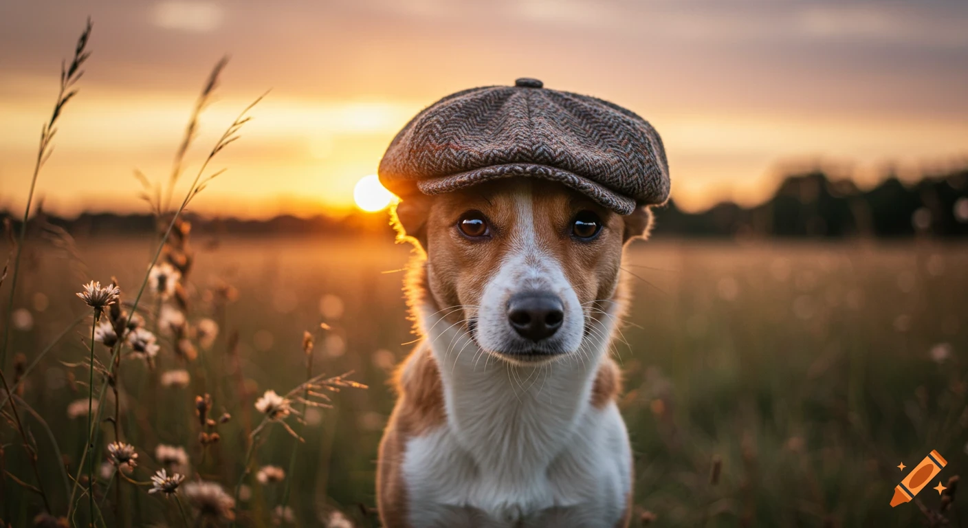 A photorealistic close-up of a dog wearing a tweed flat cap, looking at the camera in a field at sunset.