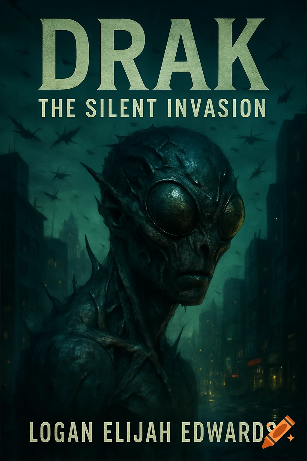 A dark, menacing alien with large eyes and spikes on its body on a book cover titled 'Drak: The Silent Invasion', with a gloomy cityscape background.