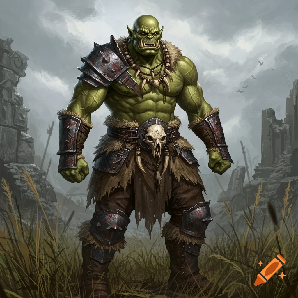 A muscular green orc warrior stands in a ruined landscape under a cloudy sky. He wears worn armor, fur, and a skull belt buckle.