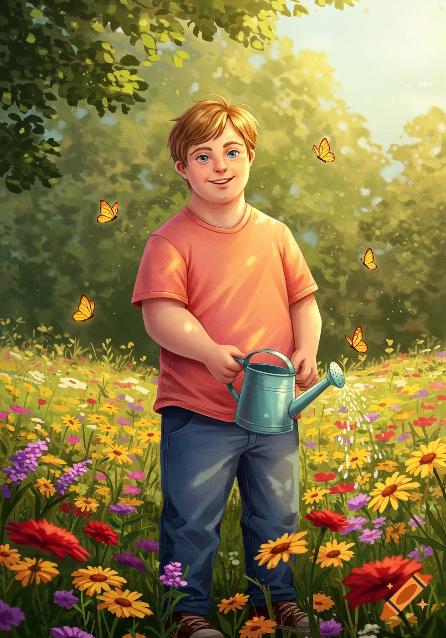 A smiling young boy with Down's syndrome waters colorful wildflowers in a sunny meadow with butterflies, in a stylized illustration.