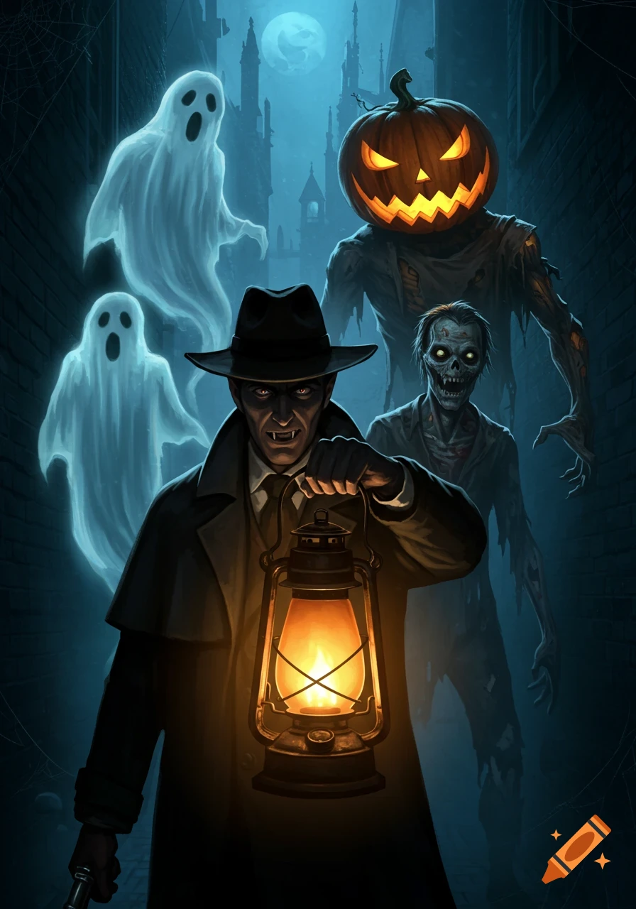 A man in a fedora holds a glowing lantern in a dark alley, with ghosts, zombies, and a pumpkin-headed monster looming behind him in a spooky, illustrated style.