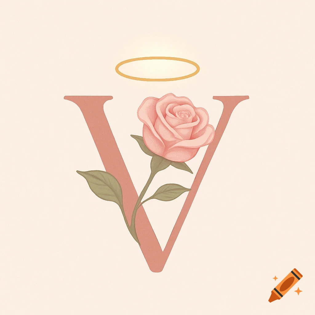 A pink rose with green leaves wrapped around a large peach-colored letter V, with a golden halo hovering above it, on a light background.