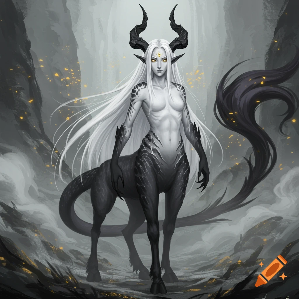 A digitally painted female centaur with white hair, black horns, and scales, standing in a dark, misty landscape with gold flecks.