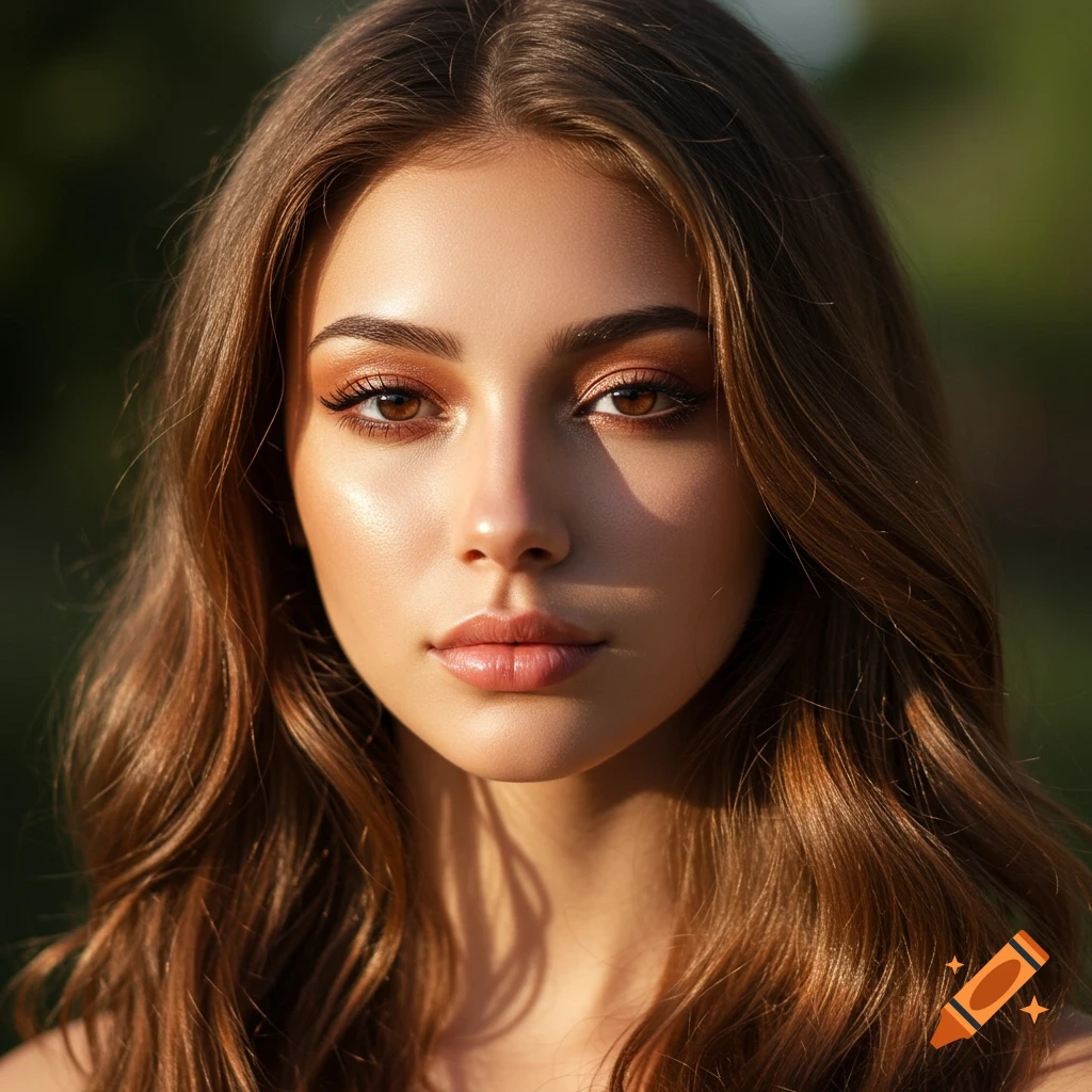 Close-up photorealistic portrait of a young woman with brown hair and natural makeup.