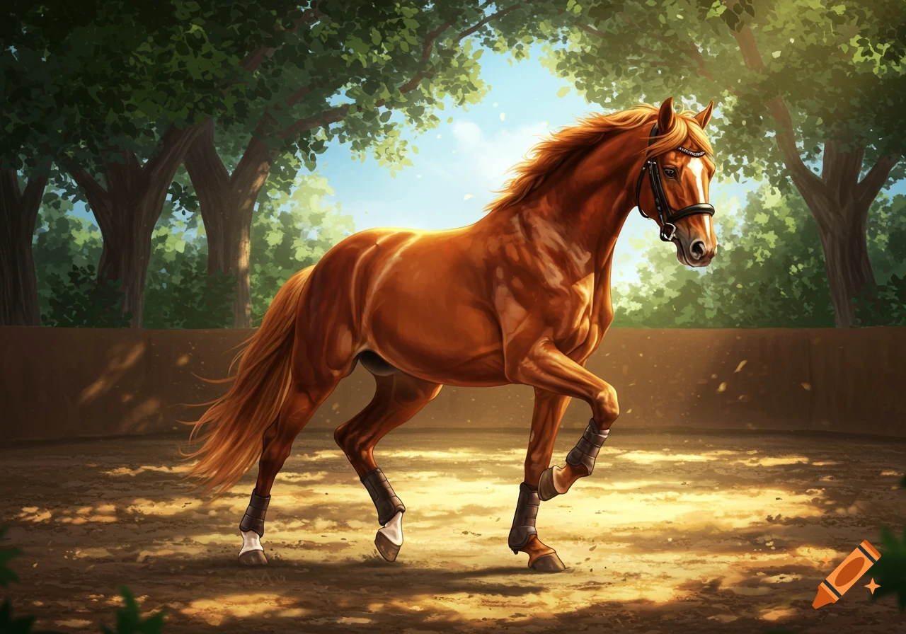 A brown horse with a white blaze performs a piaffe in an outdoor arena surrounded by trees, rendered in a painterly style.