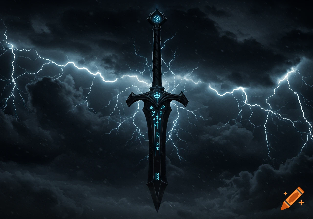 A powerful black fantasy longsword with glowing blue runes against a dark, stormy sky with lightning.