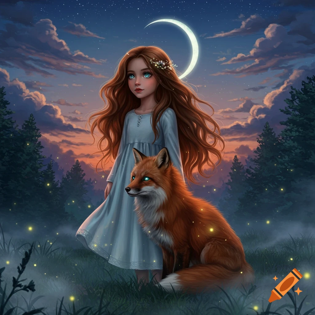 A whimsical digital painting of a girl with long hair and a glowing-eyed fox in a moonlit forest with fireflies.
