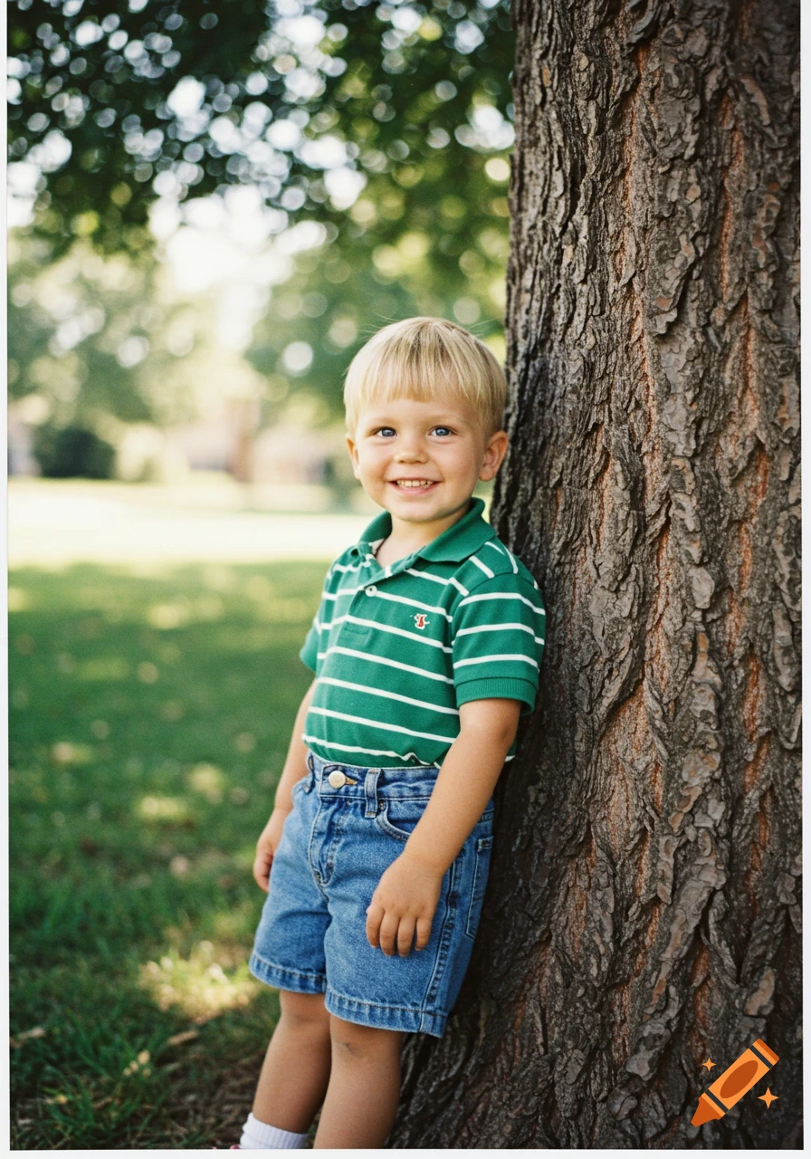 A young boy with blonde hair and a green striped polo shirt smiles while leaning against a tree outdoors.
