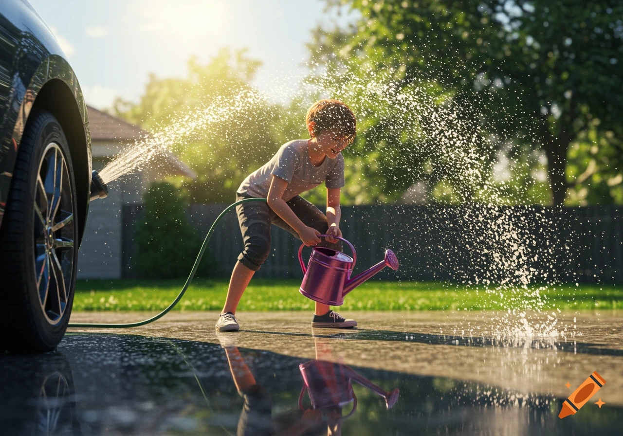 A child splashes water from a hose near a car, holding a watering can, on a sunny day.
