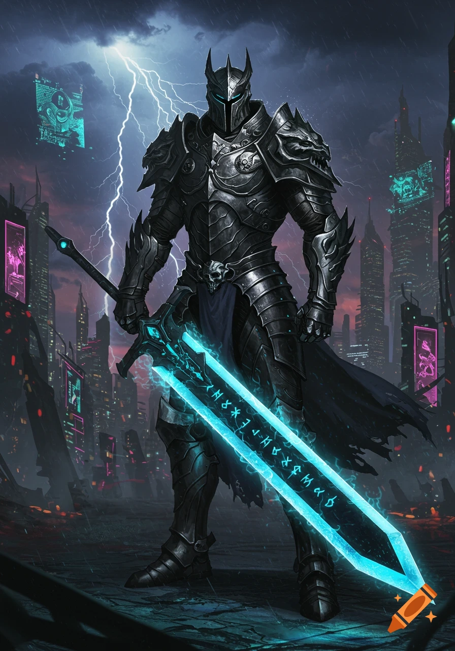 A dark knight in black, horned armor holds a glowing blue greatsword with runes, standing in a rainy, lightning-struck cyberpunk city.