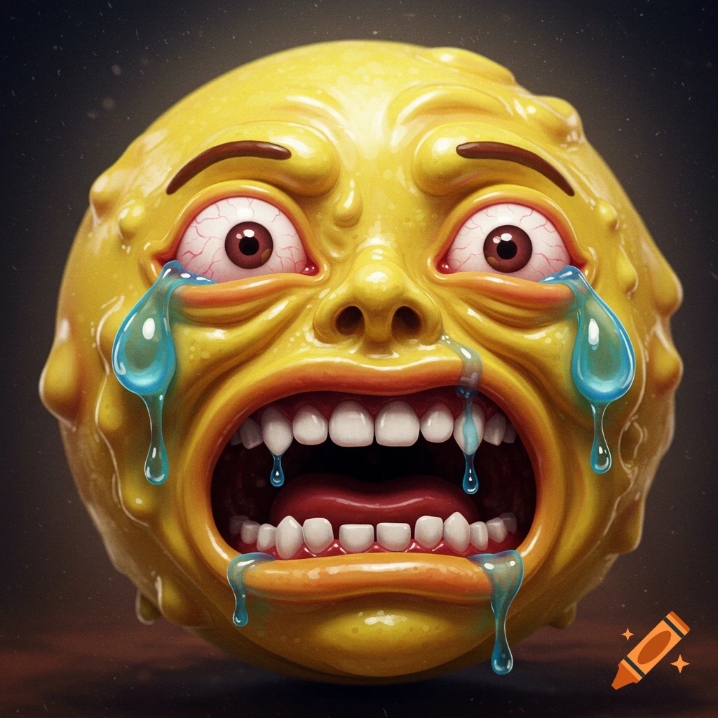 A grotesque, crying yellow emoji with bulging red eyes, open mouth, and blue tears dripping down.