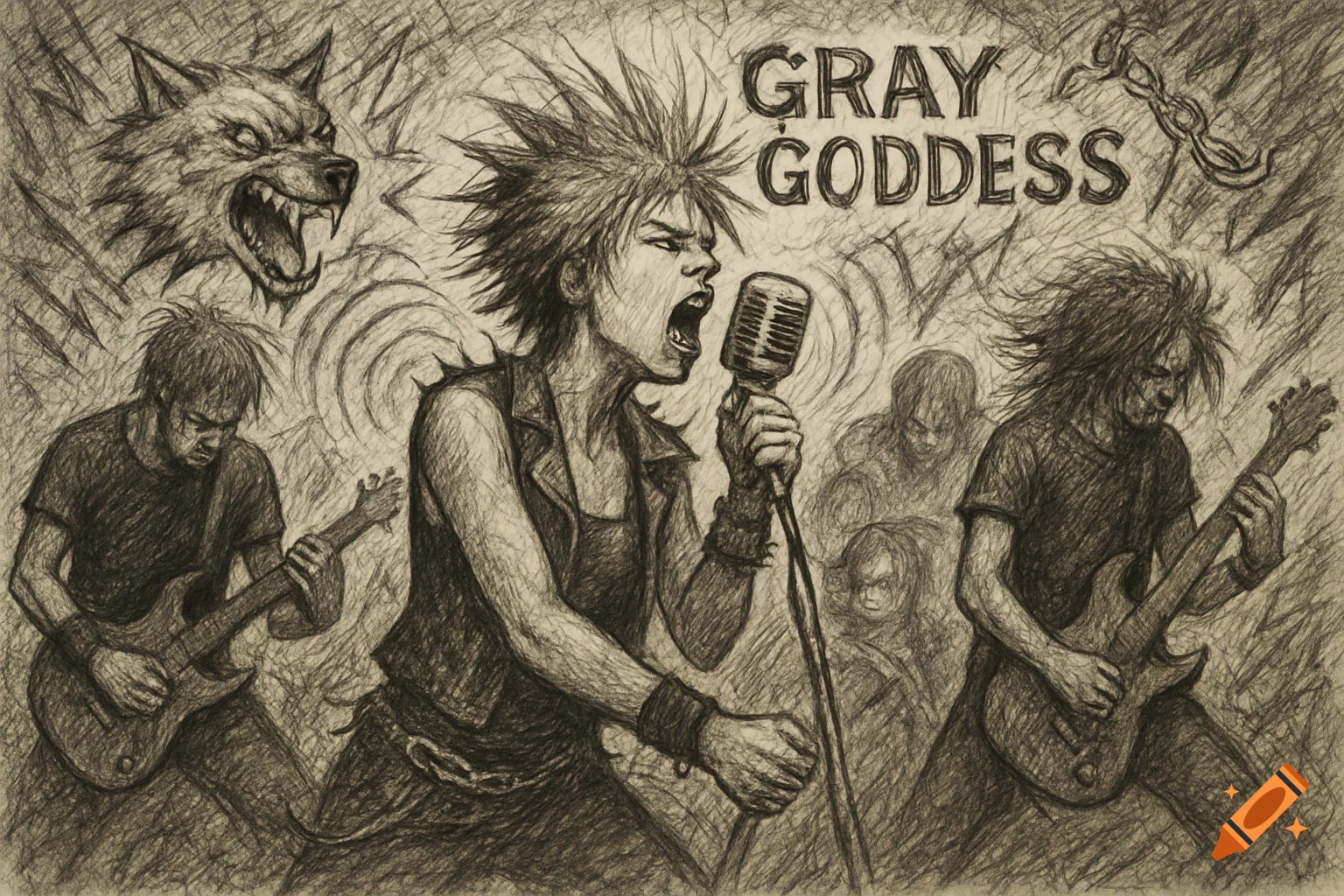 A stylized pencil sketch depicts a punk metal band performing, featuring a vocalist with spiky hair screaming into a microphone, guitarists playing, and a roaring wolf head in the background. The band's name "GRAY GODDESS" is visible at the top.