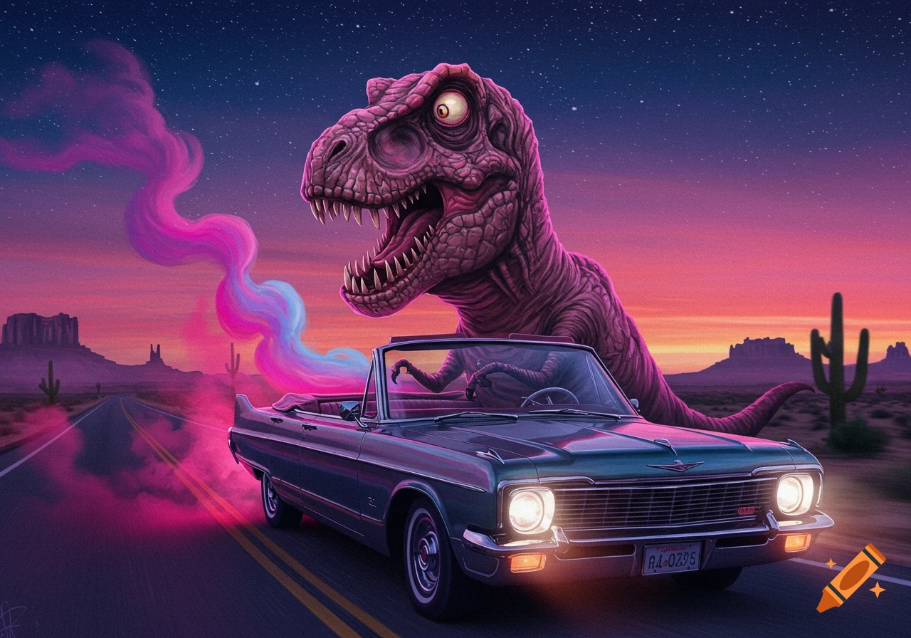 A surreal purple T-Rex drives a vintage convertible car down a desert road at dusk, leaving pink smoke trails behind.