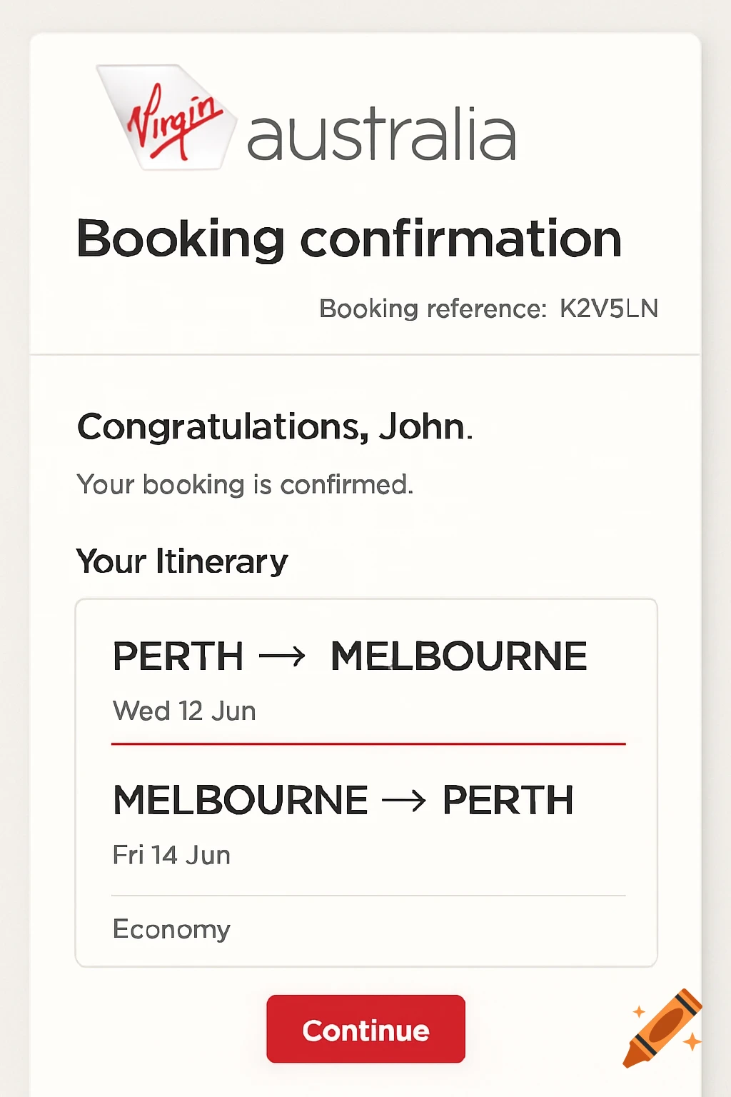 A screenshot of a Virgin Australia flight booking confirmation for a trip from Perth to Melbourne from June 12-14.