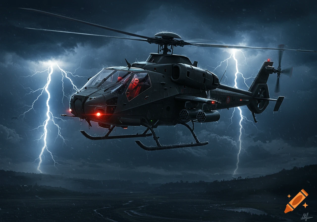 A dark military helicopter flies through a stormy sky with bright lightning strikes.