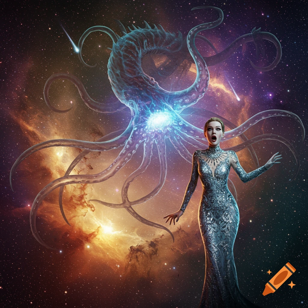 A surprised fashion model in a metallic gown reacts to a glowing, tentacled space monster against a backdrop of nebulae and stars.