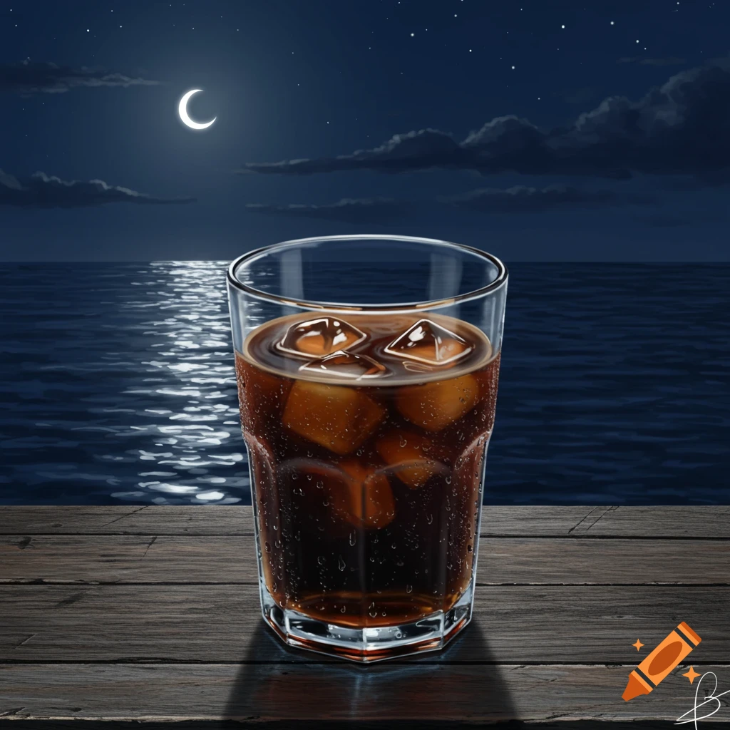 A glass of iced coffee on a wooden table, overlooking a moonlit night sea with a crescent moon in the sky.