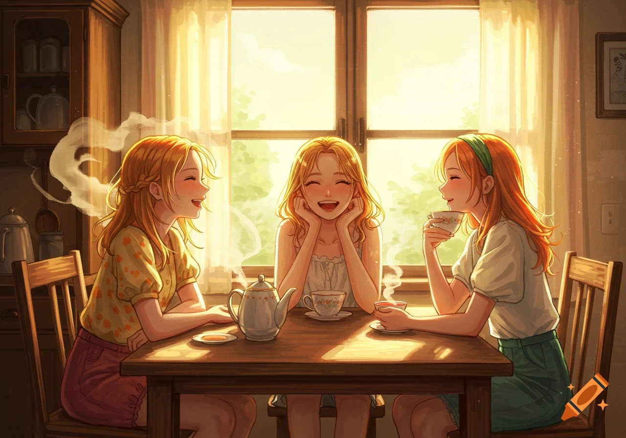 Three anime-style girls laughing and enjoying tea at a table in a sunny kitchen.