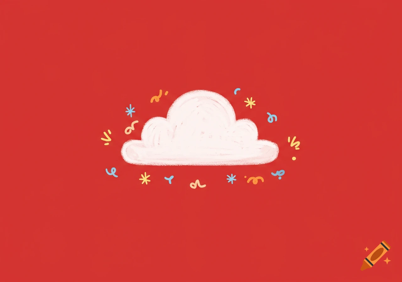 A white, hand-drawn cloud with colorful confetti and sparkles against a solid red background in a simple, child-like style.