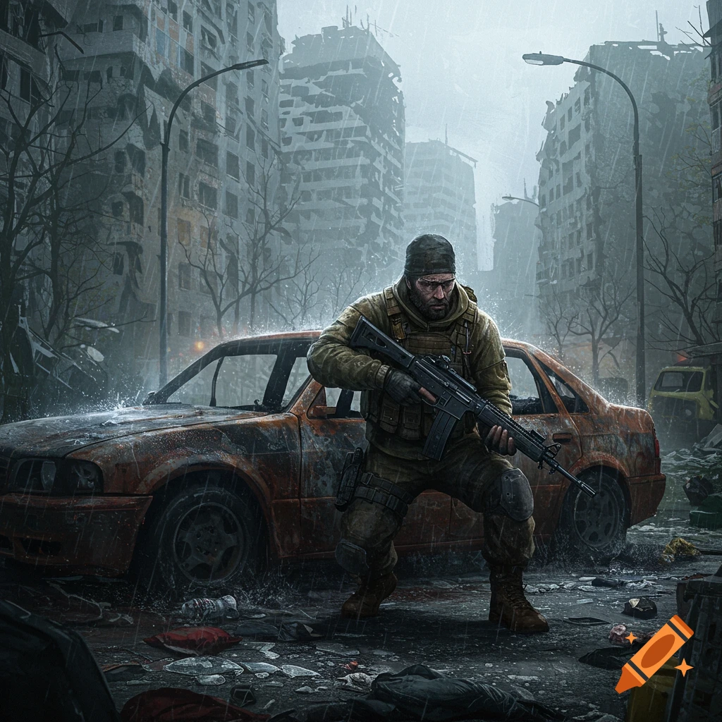 A soldier in military gear with a rifle stands in a ruined, rainy city street next to a rusted car.