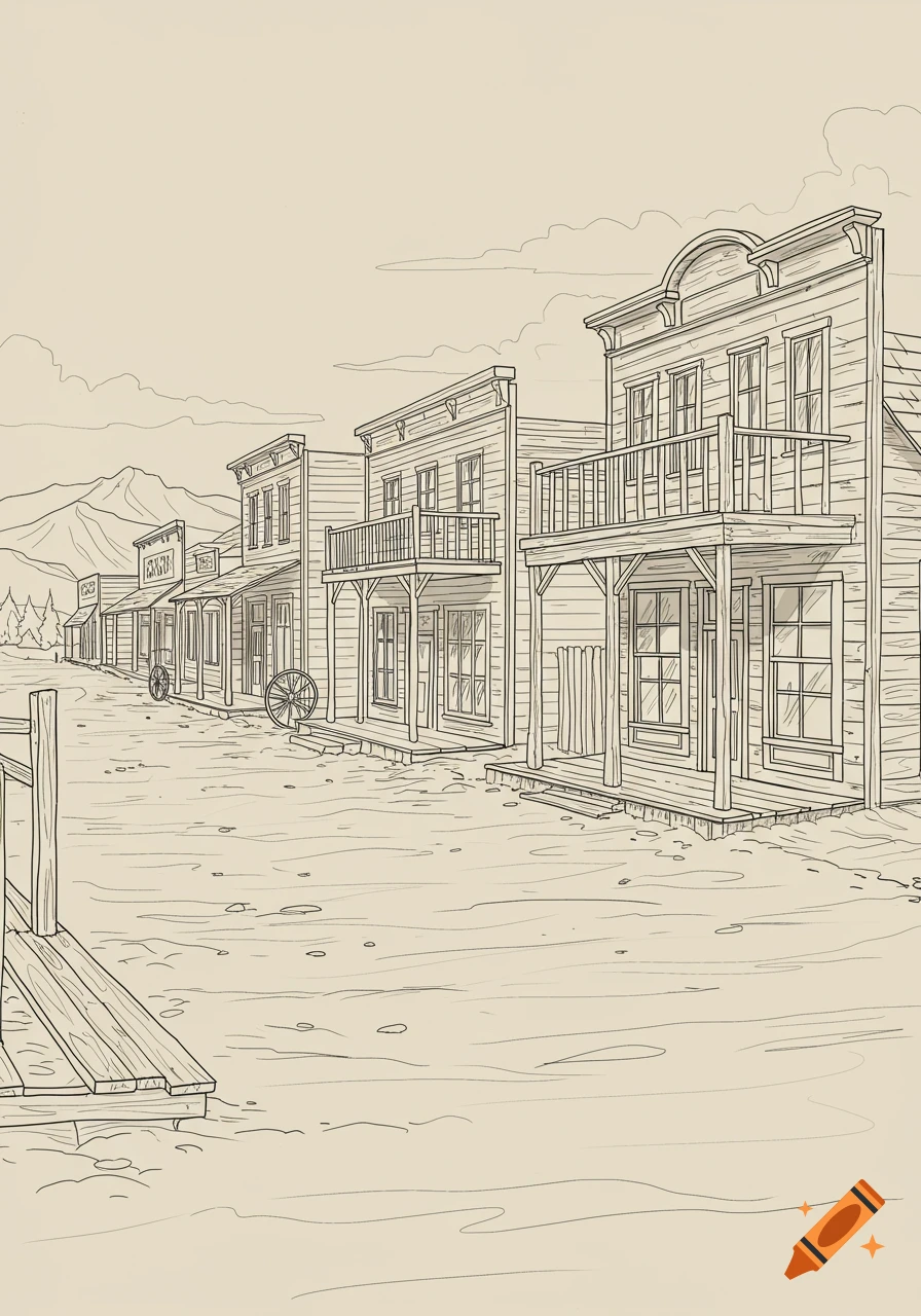Line art drawing of an old western town street with wooden buildings under a cloudy sky.
