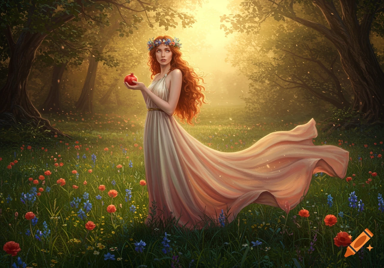 A red-haired woman in a flowing white dress holds a pomegranate in a sun-dappled forest full of colorful wildflowers.