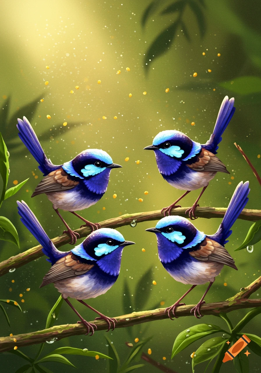 Four blue and brown superb wrens perch on a branch in a sunlit, leafy forest.