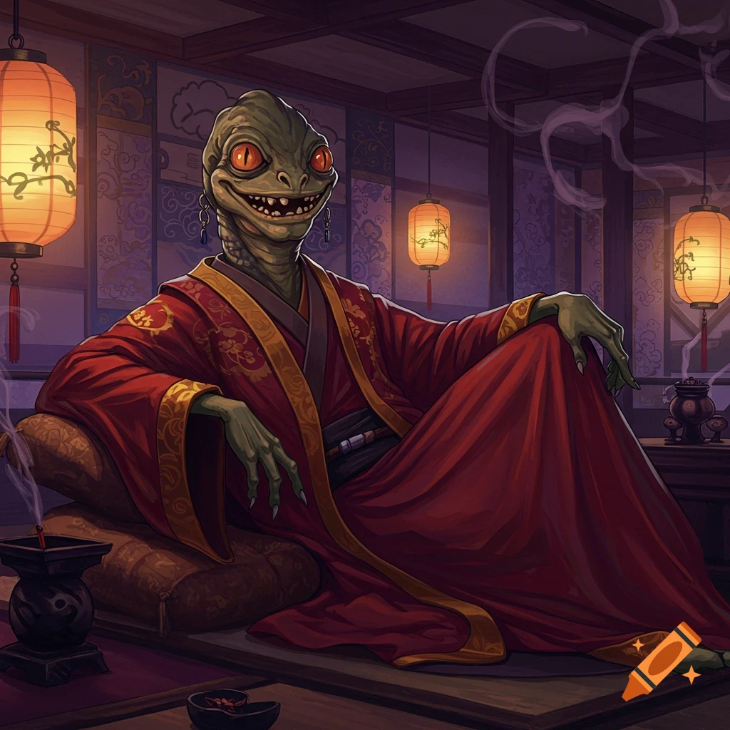 An emakimono style portrait of a green, reptilian creature with large red eyes, sharp teeth, and pointy ears, wearing a red and gold robe, sitting in a traditional room with lanterns.