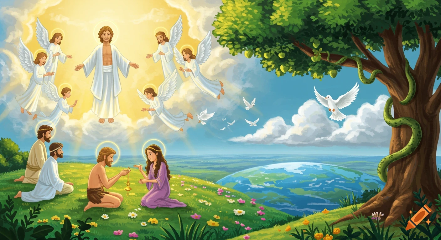 A colorful illustration depicting religious figures including Jesus, angels, Adam and Eve, on a grassy hill with a tree, doves, and the Earth in the background.