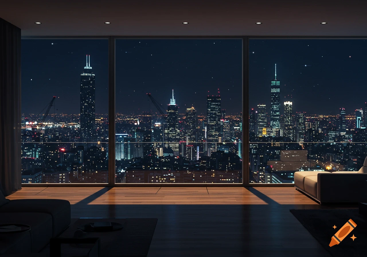 A night view of a city skyline from a top floor apartment window, with illuminated skyscrapers and lights spreading across the urban landscape.