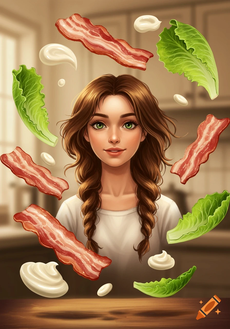 Digital art of a young woman with braided hair and green eyes, surrounded by floating bacon, lettuce, and mayo in a kitchen setting.