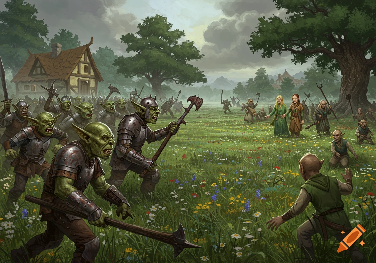 A horde of armored goblins charges across a green field filled with wildflowers towards a group of elf peasants.