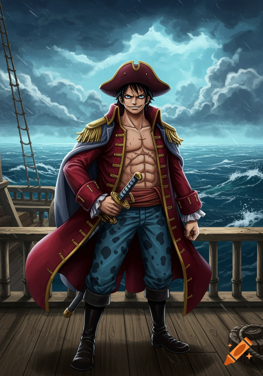 A muscular anime pirate captain in a red coat and tricorn hat, holding a sword on a ship deck under a stormy sky.