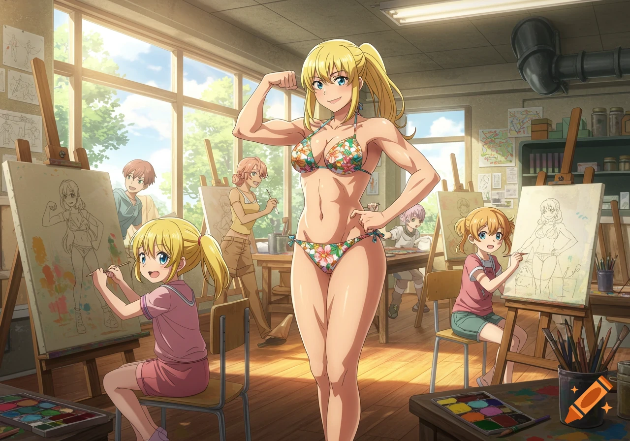 An anime image of a muscular blonde woman in a floral bikini posing in an art class while students draw her.