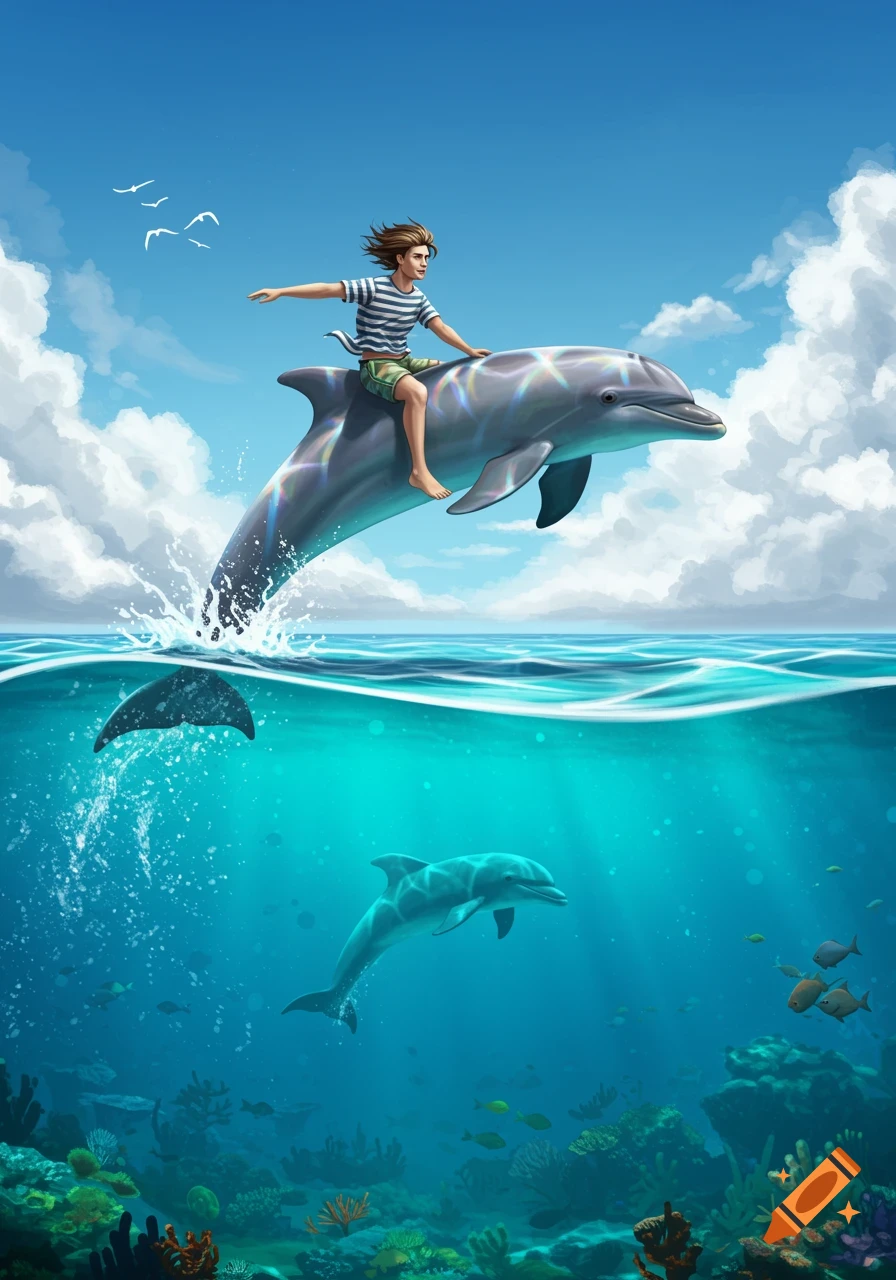 A boy in striped shirt and shorts rides a dolphin jumping out of the ocean with another dolphin underwater, in a bright, illustrative style.