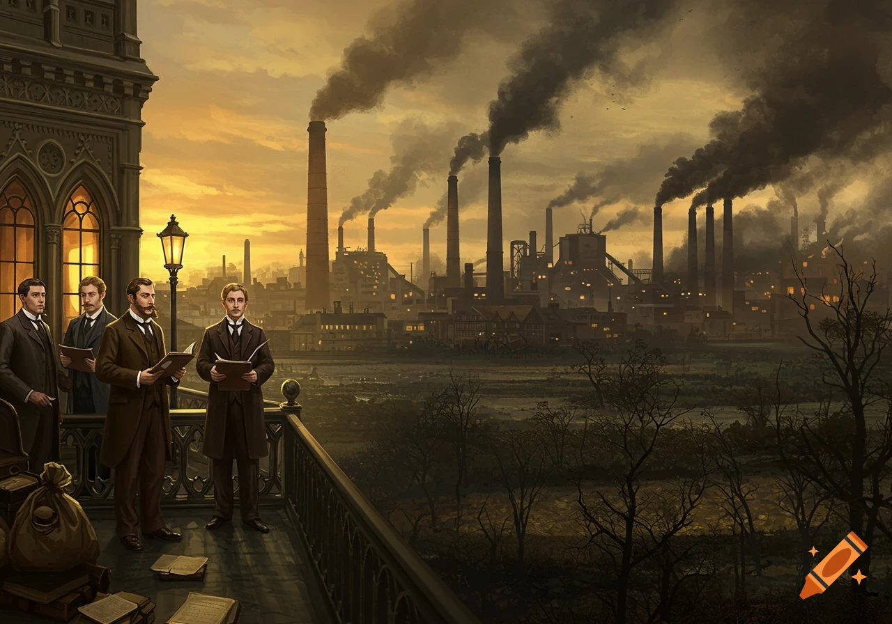 Four men in period suits on a balcony overlook a sprawling industrial city with smoking factories at dusk.