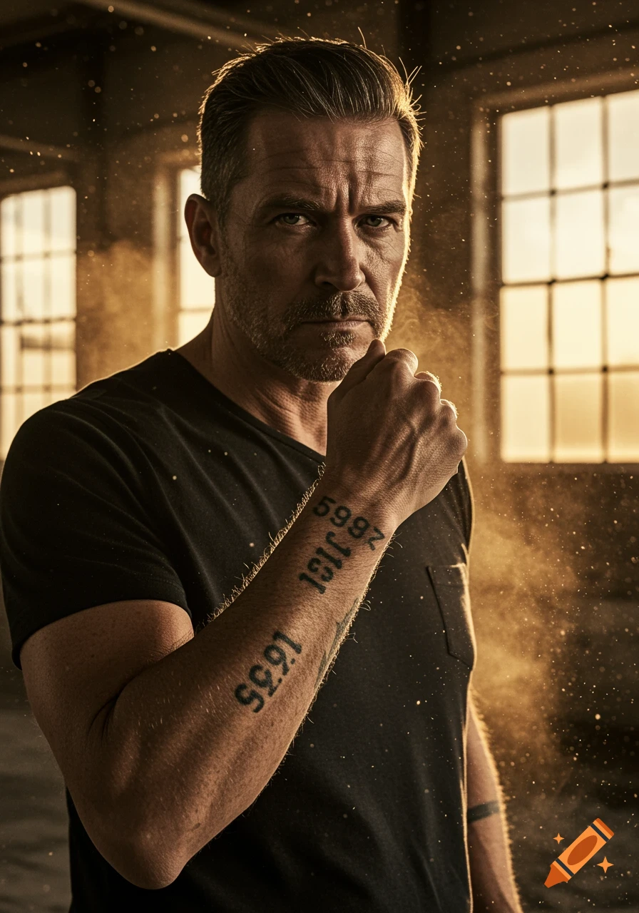Photorealistic portrait of a rugged man with tattoos on his arm, in a dusty, sunlit industrial setting.