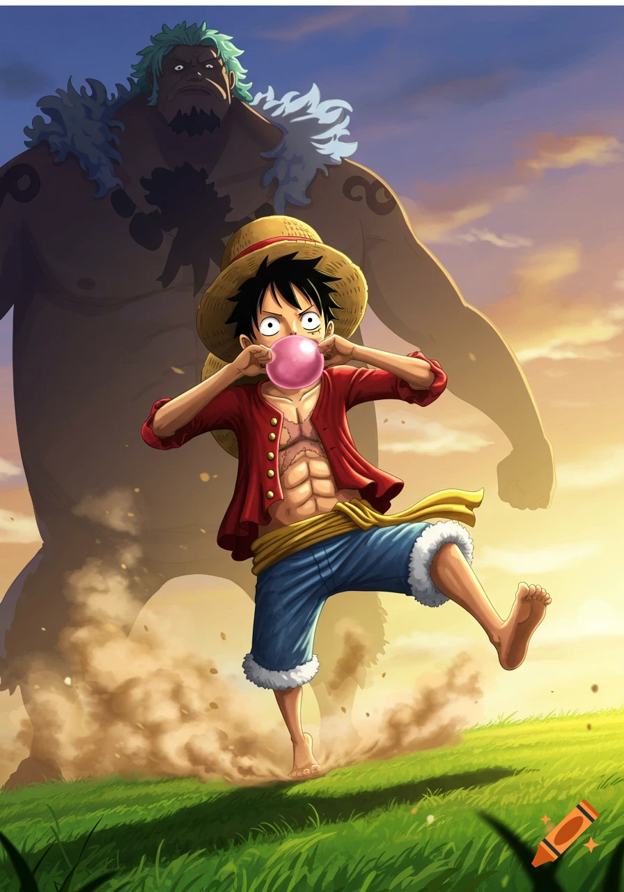 Anime boy Monkey D. Luffy blows a pink bubble gum, running from a giant shadowy figure, Caseoh, in a grassy field at sunset.