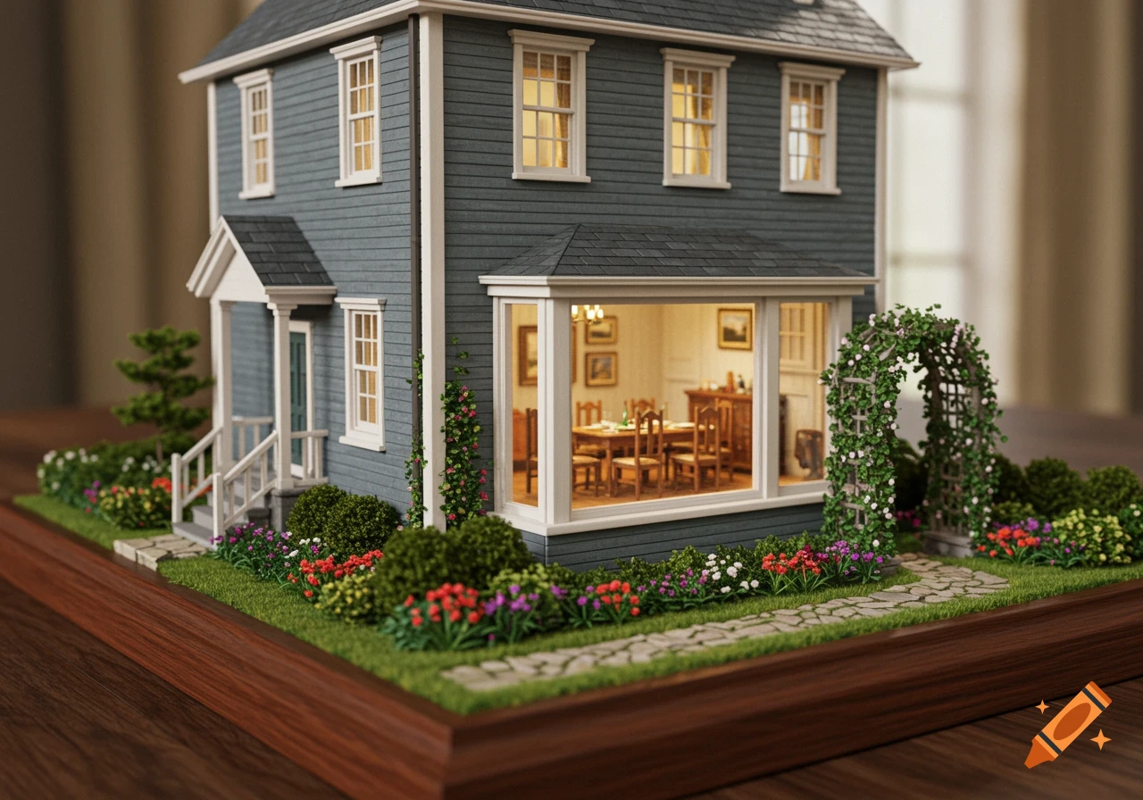 A highly detailed, realistic model house with a grey exterior, white trim, and an illuminated interior, surrounded by a miniature garden and path.
