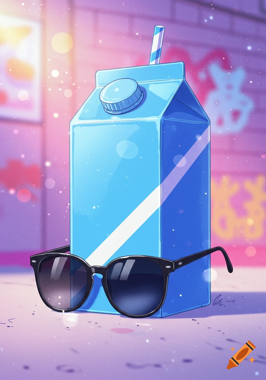 A blue milk carton with a straw and sunglasses in a stylized, sparkling pink and purple urban background.