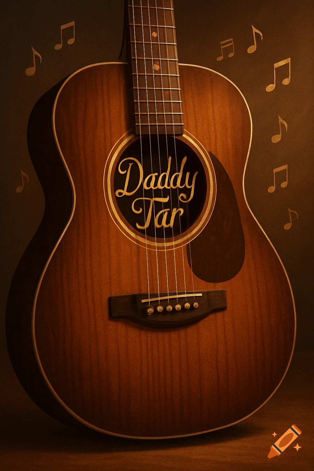 A close-up, photorealistic image of an acoustic guitar with 'Daddy Tar' written on its soundhole, surrounded by floating musical notes.