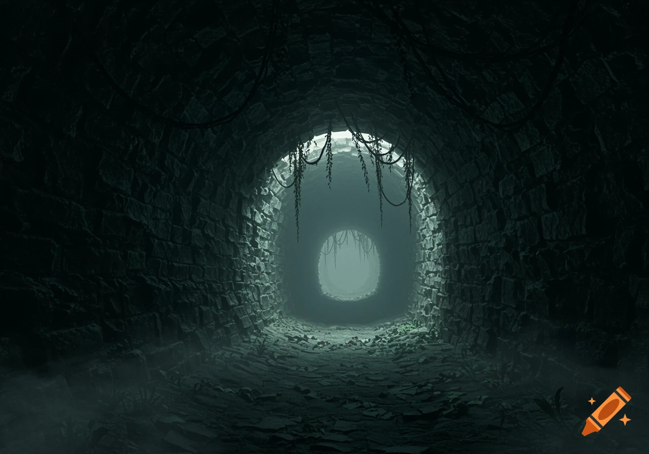 A dark, misty stone tunnel with a bright circular opening at the far end, roots and vines hanging from the ceiling.