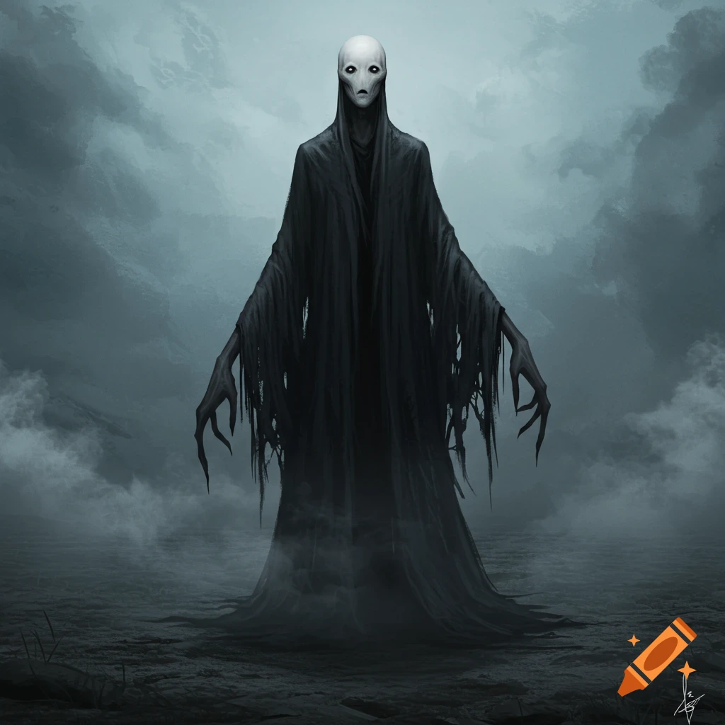 A tall, pale, cloaked creature with no mouth and clawed hands stands in a dark, misty landscape in a gloomy digital painting.