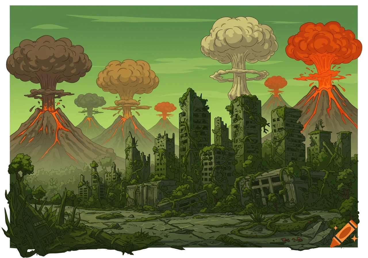A cartoon illustration of a ruined city overgrown with vegetation under a green sky, with multiple volcanoes erupting and mushroom clouds from explosions in the background.