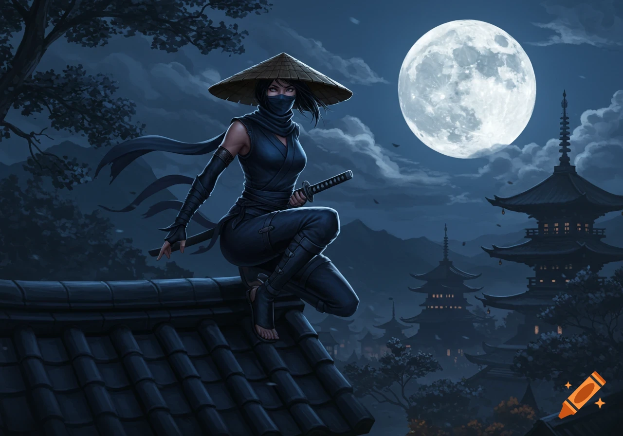 A female ninja in a dark outfit crouches on a tiled rooftop at night, holding a katana, under a full moon and Japanese pagodas.