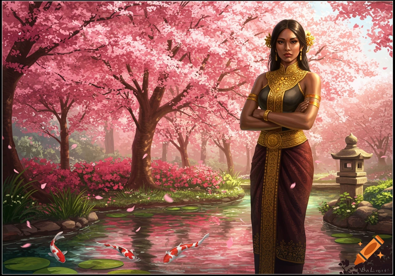 A woman in traditional Southeast Asian attire stands by a pond with koi fish under cherry blossom trees in a vibrant digital painting.